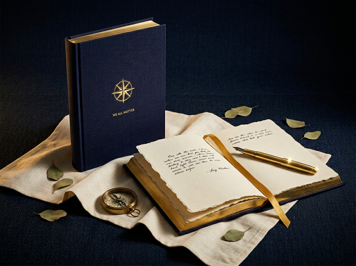 WE ALL MATTER hardcover journal — open with handwritten pages, brass pen, antique compass and gilded gold edges
